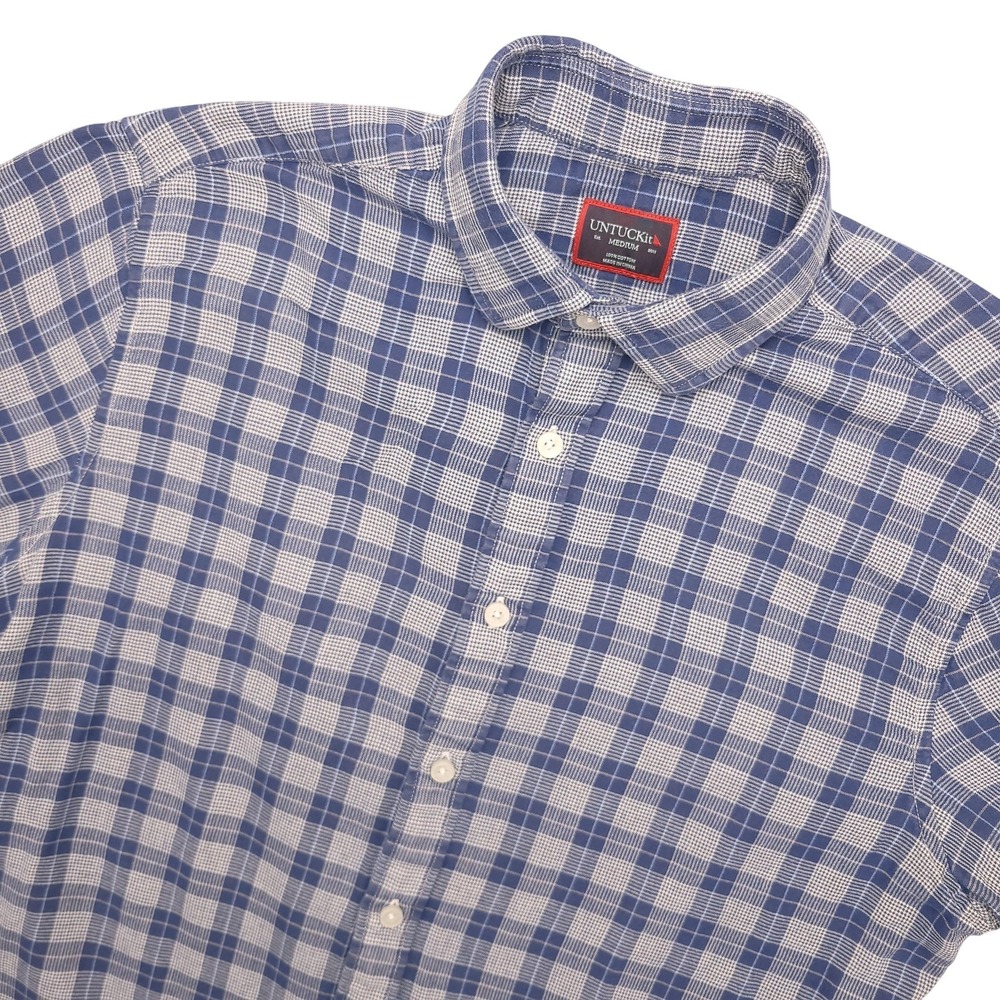 UNTUCKit Zuccardi Shirt Mens M Blue Plaid Short Sleeve Double Cloth Cotton